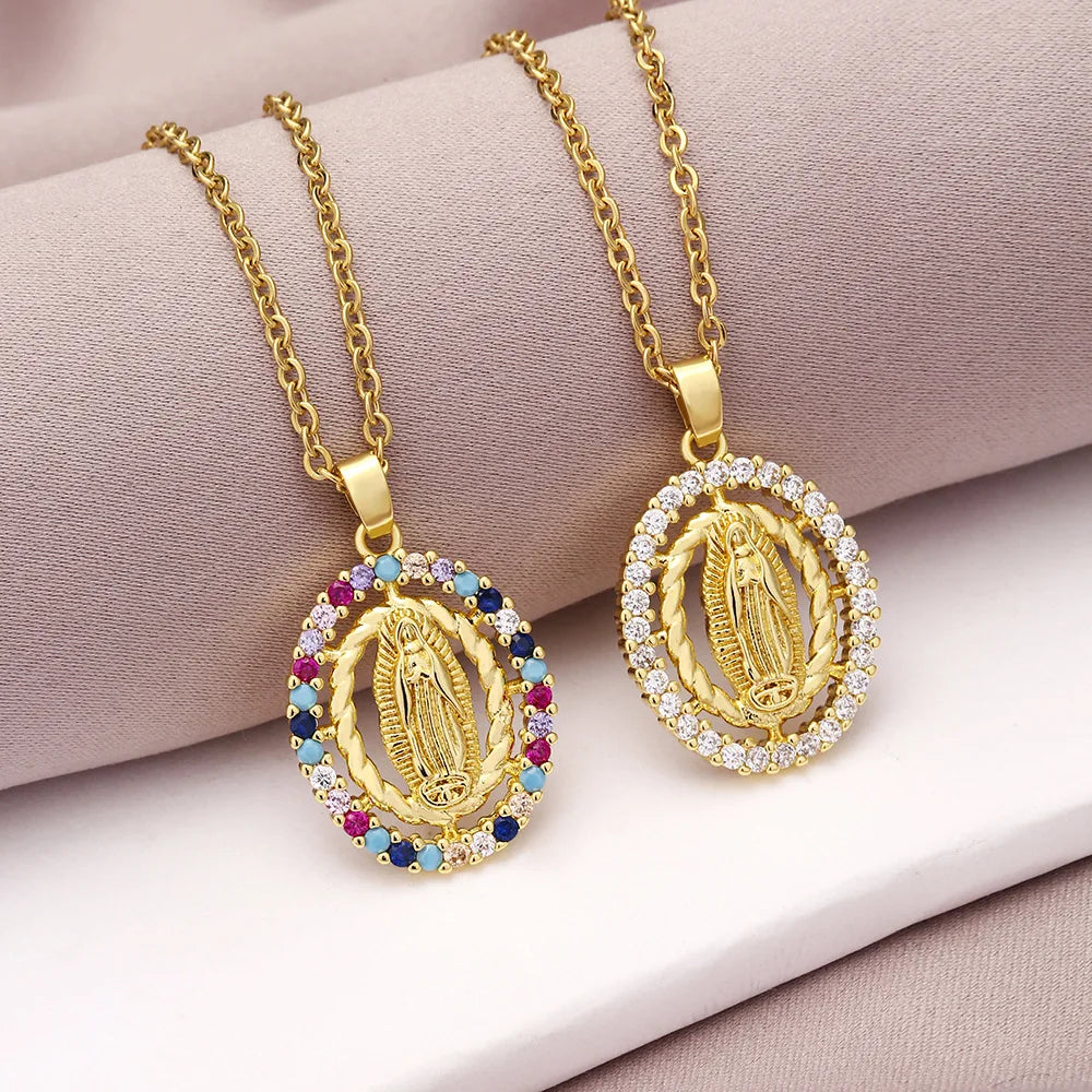 Popular Iridescent Zircon Virgin Mary Necklace Vintage Gold Brass Religious Medal Pendant Necklace for Women Men