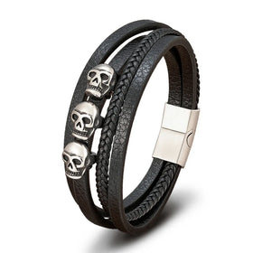 Luxury Hip Hop Punk Skull Bracelet Charm Mens Leather Bracelet Handmade Multi-Layer Black Wrap Braided Leather Bracelet OT-307