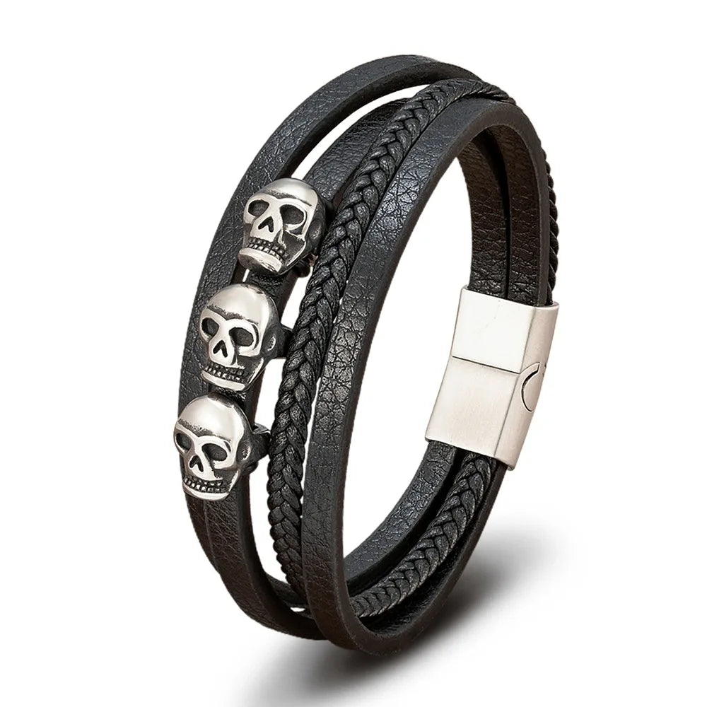 Luxury Hip Hop Punk Skull Bracelet Charm Mens Leather Bracelet Handmade Multi-Layer Black Wrap Braided Leather Bracelet OT-307