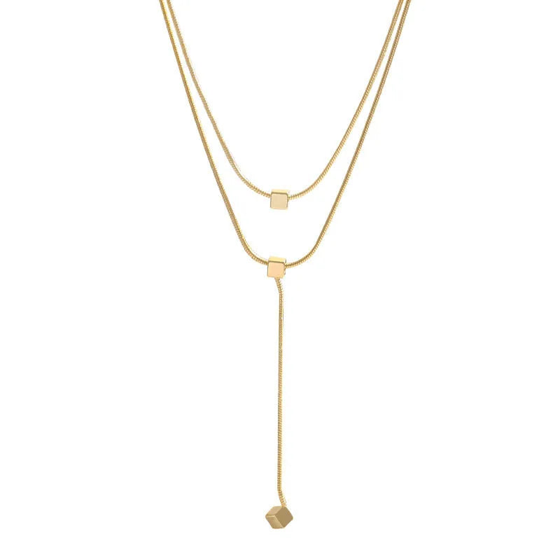 Fashion Jewelry 18K Gold Plated Block Choker Necklace Double Layer Stainless Steel Square Pendant Necklace for Women Party