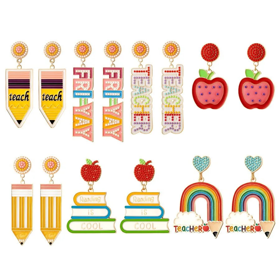 SC Hot Sale Cute Candy Bead Earrings Sweet Cartoon Rainbow Pencil Book Apple Earrings Fashion Teacher's Day Earrings for Girls
