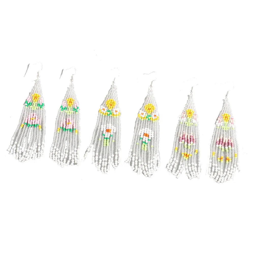 Multi Colors Boho Glass Seed Beads Beaded Colorful Tassel Fringe Earrings Flower Long Tassel Drop Dress Earring for Women