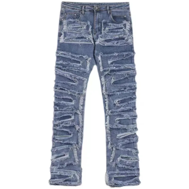 Men's High Street Heavy Wash Cat Whiskers Distressed Jeans Tapered Denim Jeans Men Vintage Jeans