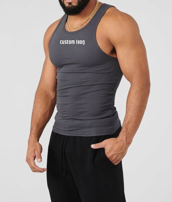 Wholesale Men Muscle logo Ribbed Breathable Quick Dry Gym tank Top Cotton Spandex Sleeveless Running Stringer Fitness Sports
