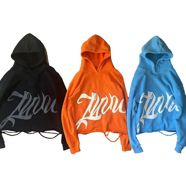 Wholesale Autumn Streetwear Puff Printing No String Cut Edge Hoodies with Pocket Custom Logo 100% Cotton Raw Hem Men's