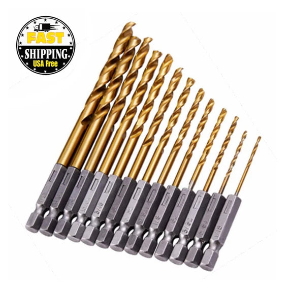 13pcs-set Titanium Coated Hex Shank HSS Twist Drill Bit Set 1/16\" to 1/4\" High Hardness Steel for Cutting