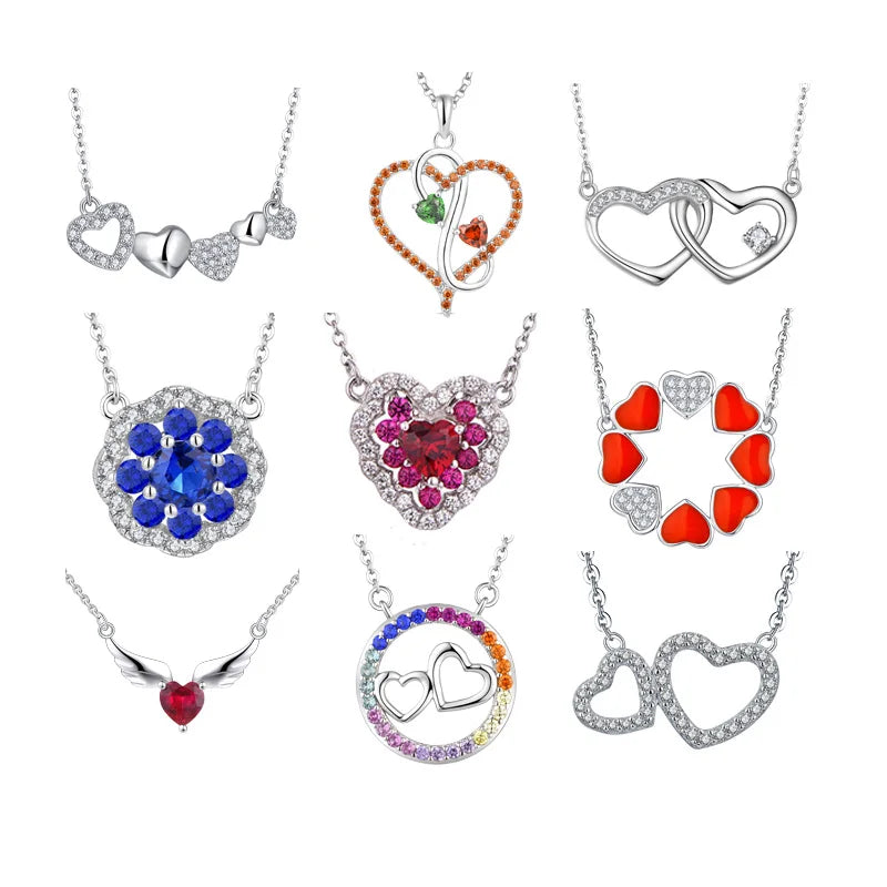 New Design Pink Heart 925 Sterling Silver Necklace Crystal Heart Diamond Pendant Necklace for Women Gifts