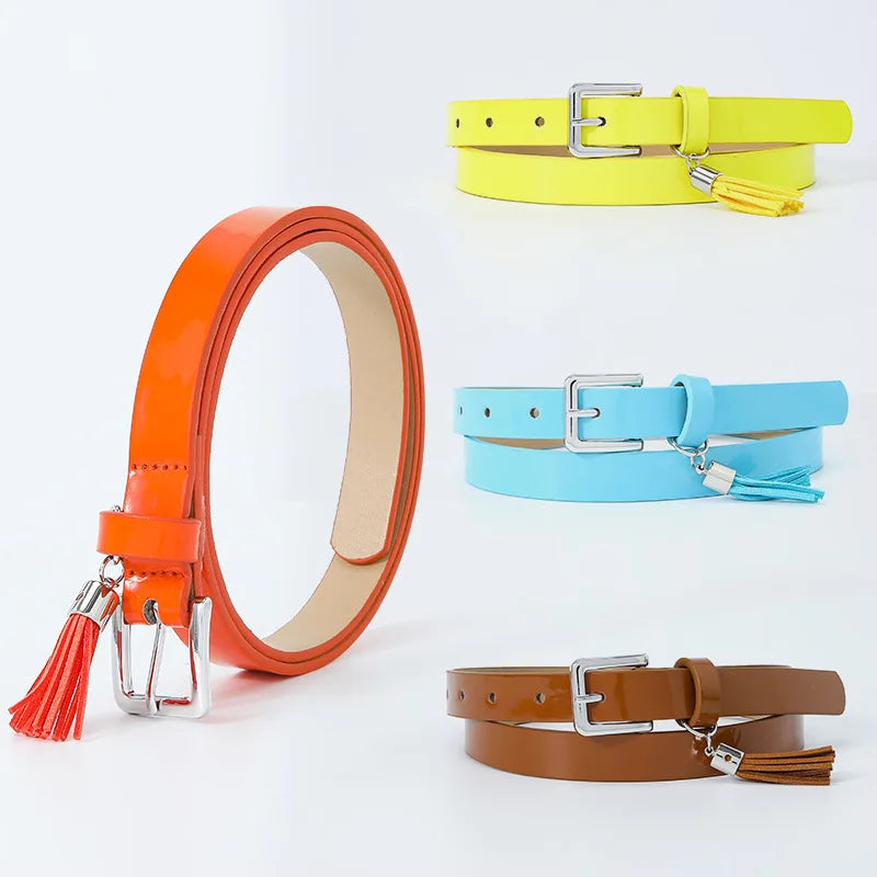 Women Pu Leather Thin Belt Fashion Dress Belt With Single Prong Buckle Belt With Tassel
