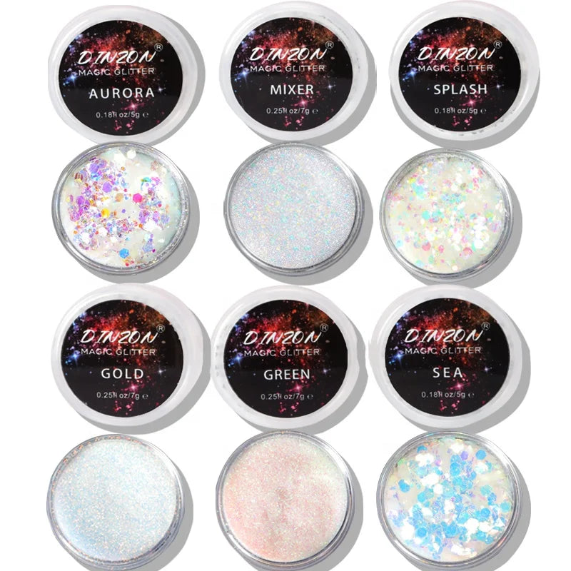 DINZON 10ML Holographic Glitter Powder Waterproof Cosmetic Grade Sparkle for Face Body Eyes Makeup & Nail Art Private Label