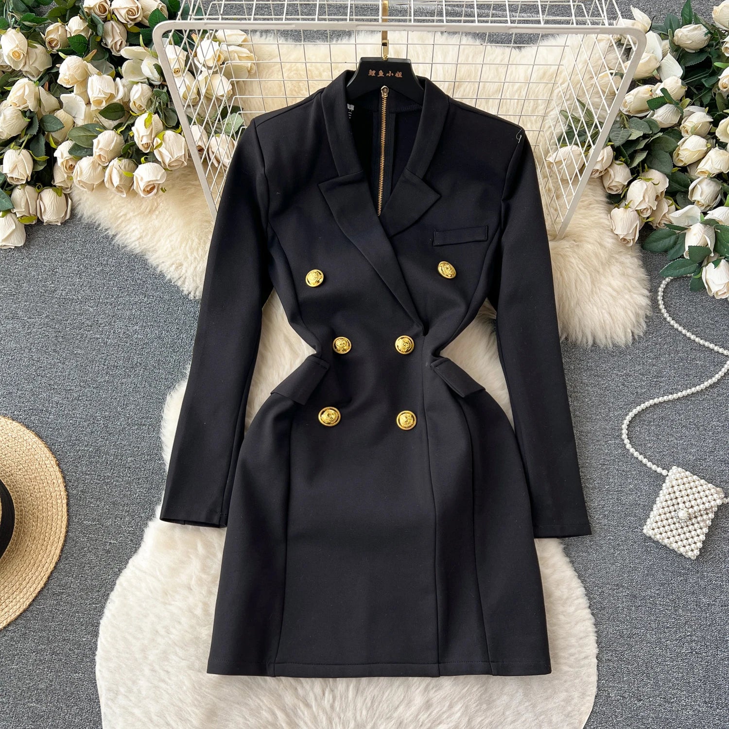 Retro Hepburn Style Black Double-Breasted Suit Dress Women's New Slimming Senior Sense of Little Black Dress