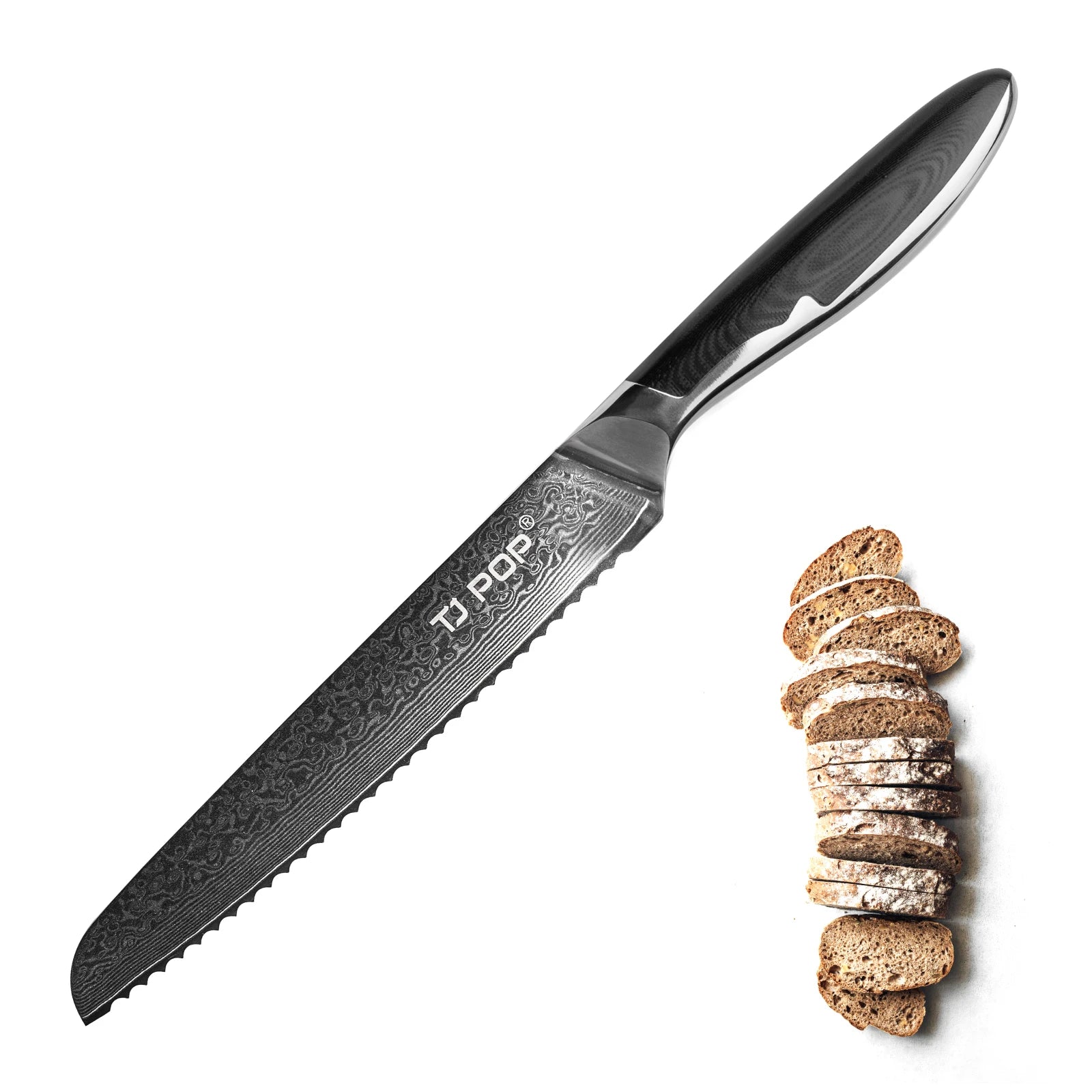 8-Inch G10 Handle Long Kitchen Utility Knife with 67 Layers VG-10 Damascus Steel Serrated Bread Knife