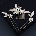 SLBRIDAL Golden Handmade Rhinestone Alloy Flower Leaf Crystal Bridal Hair Comb Hair Pin Set Wedding Hair Accessory Women Jewelry