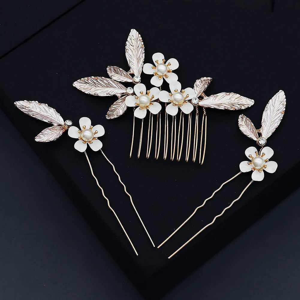 SLBRIDAL Golden Handmade Rhinestone Alloy Flower Leaf Crystal Bridal Hair Comb Hair Pin Set Wedding Hair Accessory Women Jewelry