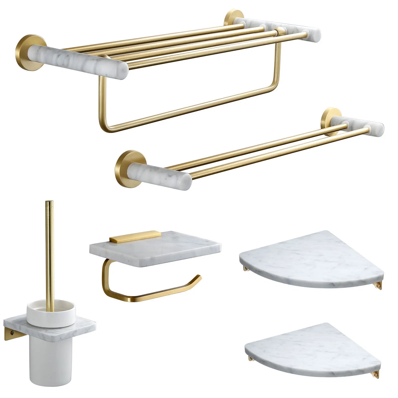 Luxury Wall Mount Towel Rack & Soap Dishes Set Stainless Steel Six-Piece Bathroom Accessories Brushed Gold Hardware for Hotels