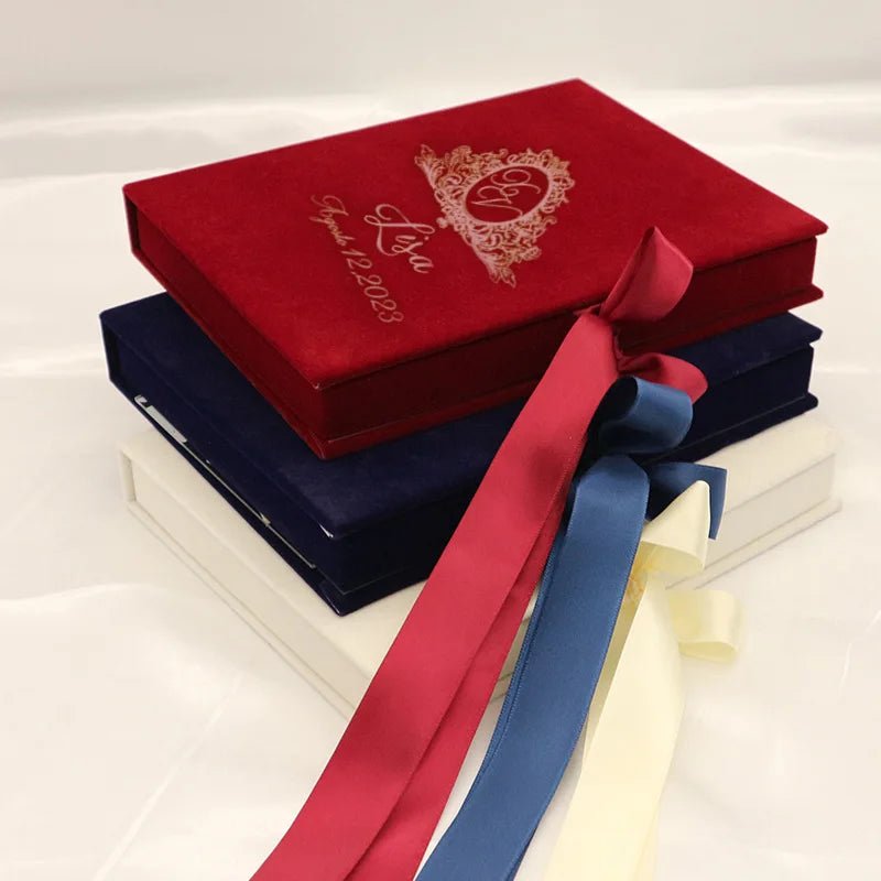 Wholesale Custom Luxury Silk Tassel Velvet Wedding Invitation Box Gold Foil Print Party Mother Valentine's Day Gift Set