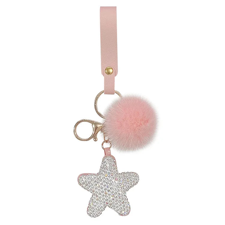 New Luxury Crystal Rhinestone Star Bag Pendants Wristlet Heart Key Chain Real Pompoms Keyrings Bag Charms Car Keychains