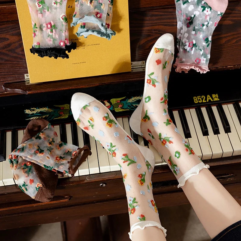 Wholesale Summer Floral See Through Socks Nylon Ultra Thin Transparent Sheer Socks for Women