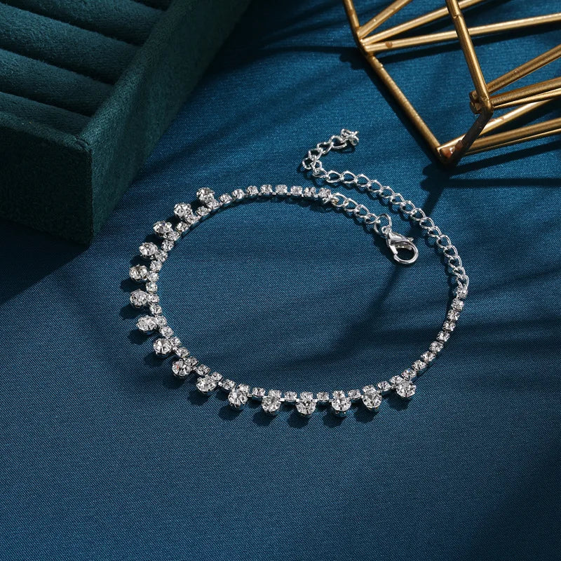 Lady Silver Tennis Bracelet Anklets Crystal Zircon Link Summer Beach Ankle Foot Jewelry for Women Heart Rhinestone Anklet