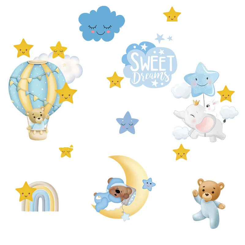 Bear Sweet Dreams Sticker Clouds Stars Cartoon Decal Creative Kid's Bedroom Wallpaper Self Adhesive Living Room Decorative Mural