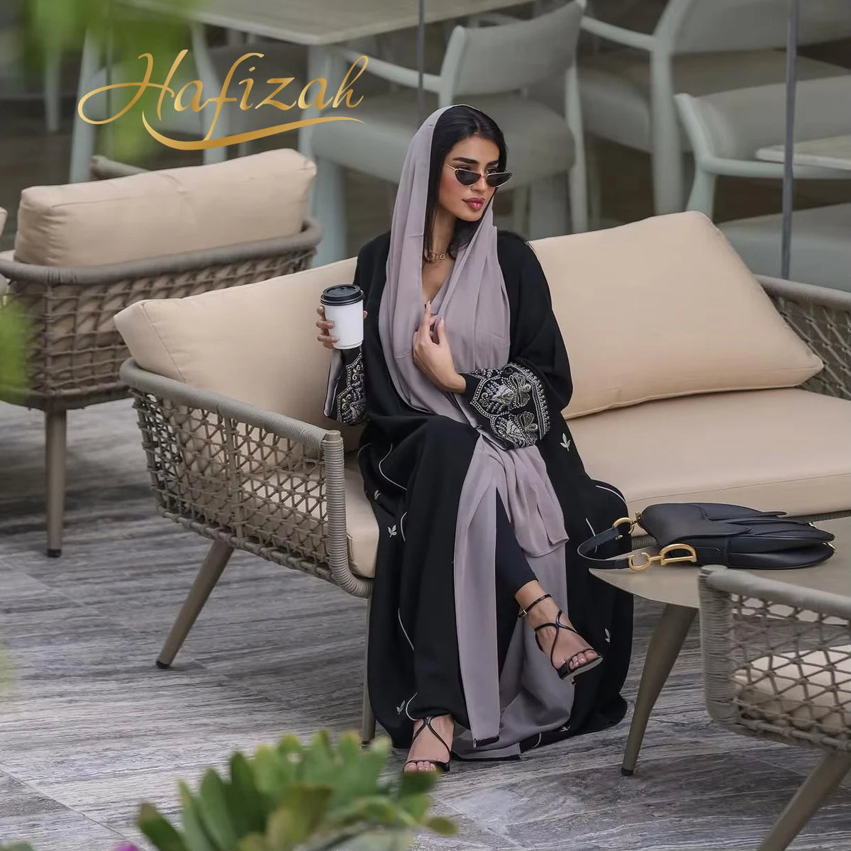 Hafizah 2026 Dubai Luxury Black Gray Contrast Embroidery Muslim Abaya With Hijab Modest Outfit MegaBDM