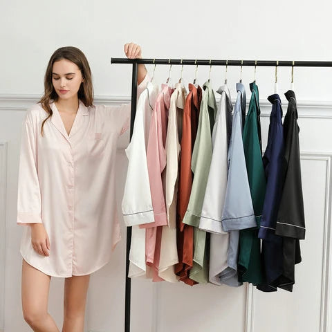 FUNG 6011 Factory  Wholesale Navy  Long Sleeve Pajamas  Shirt Dress Party  Satin Bridesmaid  Night Shirt