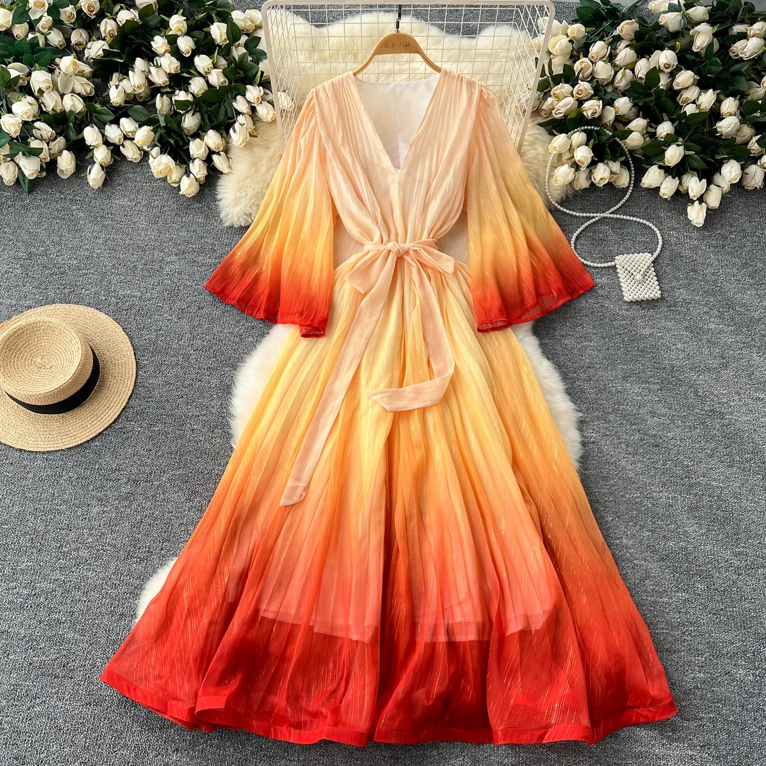 Boutique Wholesale 2025 Spring New Fashion V-neck Waist Loose Horn Sleeve Women's Dress