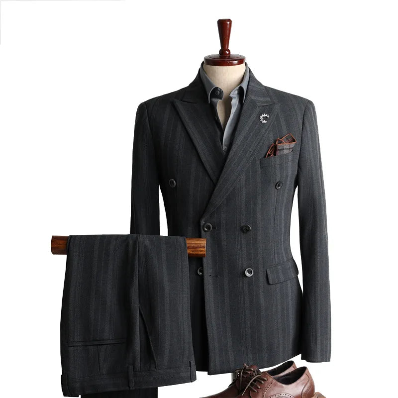 New Suit Men's Double Breasted Handsome Groom's Wedding Dress Yuppie Korean Version of Fashion Slim Grey Suit