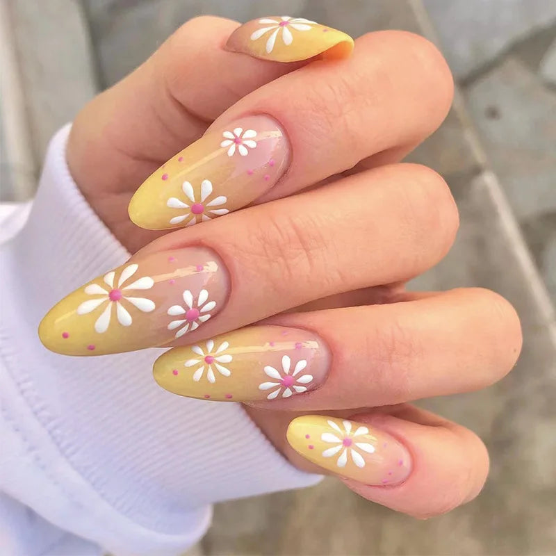 Medium Length Almond Oval Stiletto Flower Yellow Artificial Nails Artificial Fingernail for Girls Design Fake Nails
