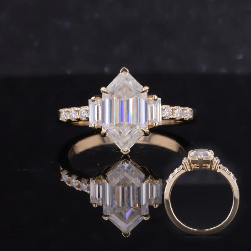 Special Cutting Hexagon Shape with Pave Stone 14K Yellow Gold Moissanite Ring for Women