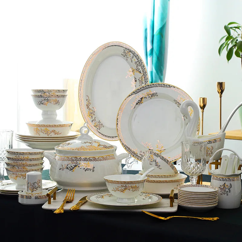 Ceramic Tableware Set Swan Lake 60 Pieces Porcelain Bowls Plates Home Gift Tableware Bowl Set Full Set Home Tableware