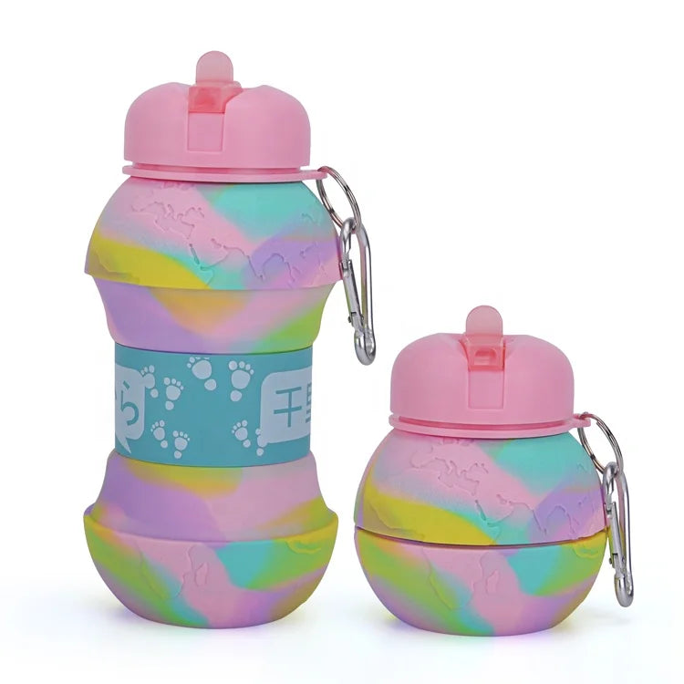 Collapsible Round Ball Shape Earth Design Silicone Sleeve Custom Design Drinking Water Bottle