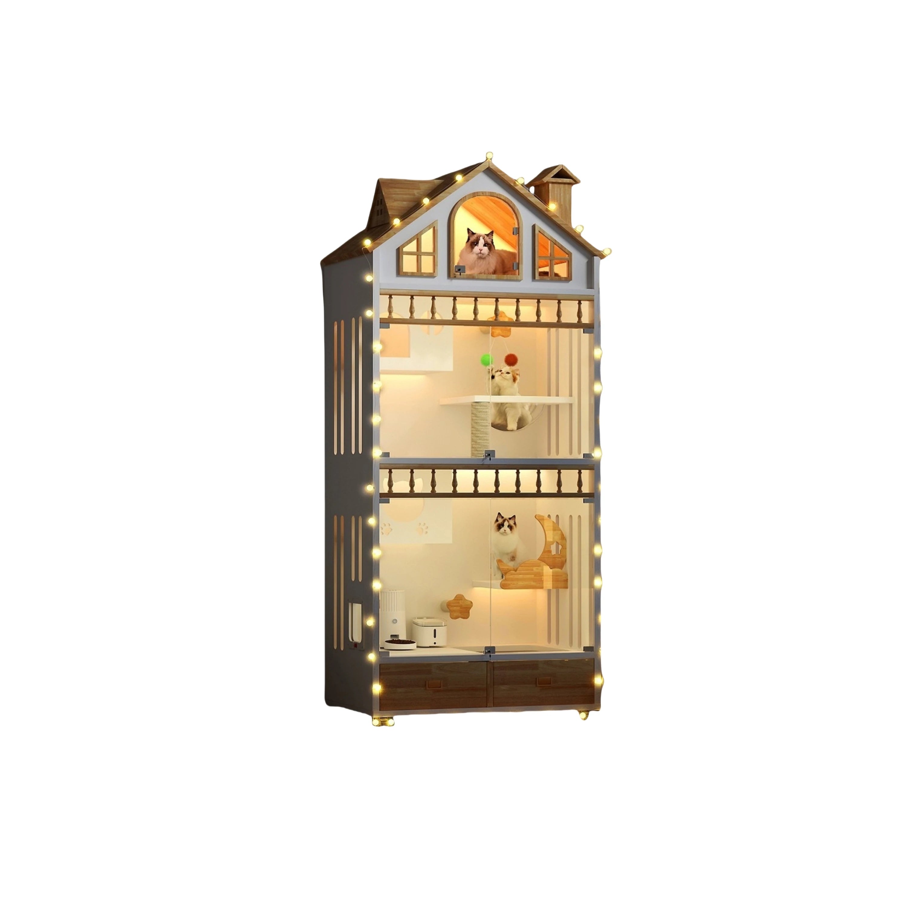Super Large Dual-Storey Solid Wood Cat House Modern Foreign Villa Design with Hidden Litter Basin for Indoor Home Cats