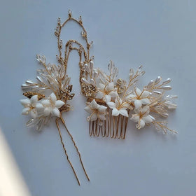SLBRIDAL Handmade Ins Style Ceramic Flower Leaf Rhinestones Pearl Bridal Hair Comb Wedding Headband Hair Accessory Women Jewelry
