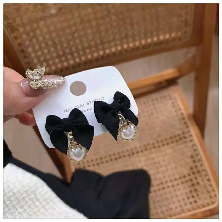 AA01242 Black Bow Tie Earrings Love Pearl Ear Studs New Trend Minority Fashionable Earring Female