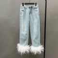 Wholesale High Waist Baggy Women Denim Jeans Pants With Ostrich Feather