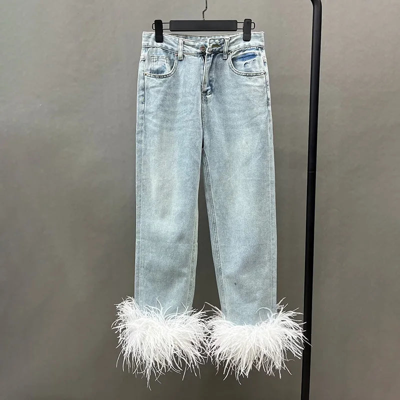 Wholesale High Waist Baggy Women Denim Jeans Pants With Ostrich Feather