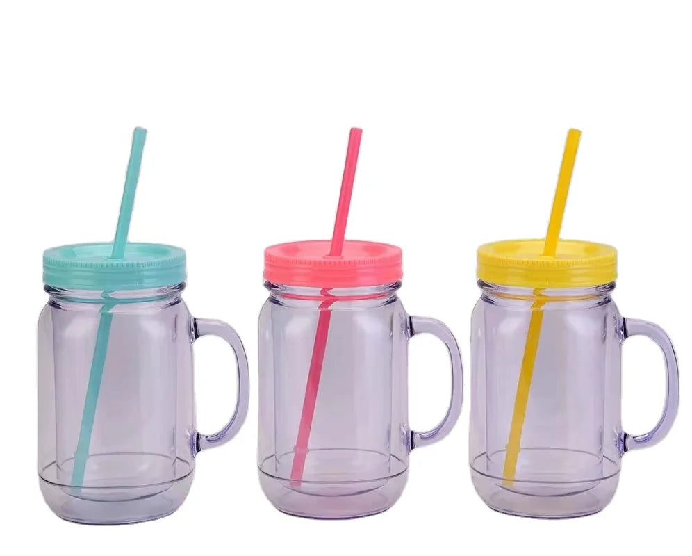 Customized Plastic Mason Jar with Lids and Straw Mason Jar Bottle Drinkware Mug with Handle Provide logo Print