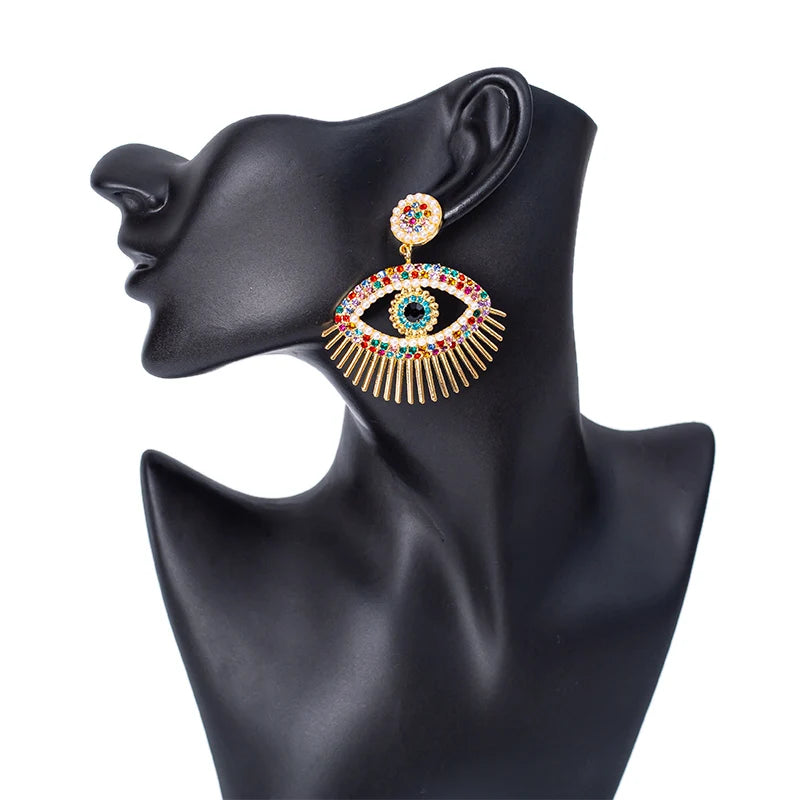 Fashion Pearl Demon Eye Dangling Earrings Rainbow Color Hollow Evil Eyes Rhinestone Earrings for Women