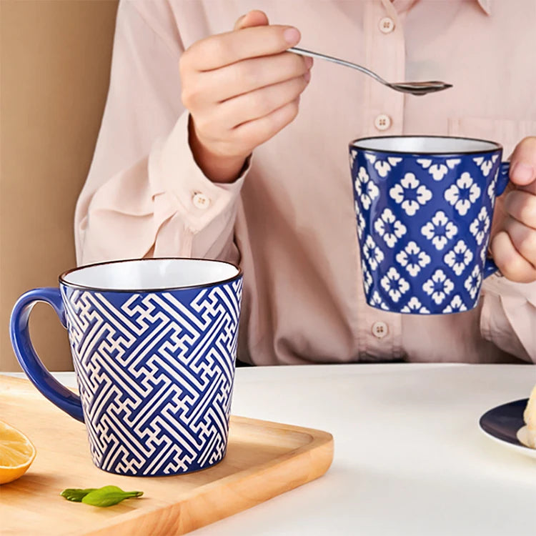 Japanese Hand-painted Blue Printed Geometric Retro Ceramic Coffee Mug Ceramic Tea Cup