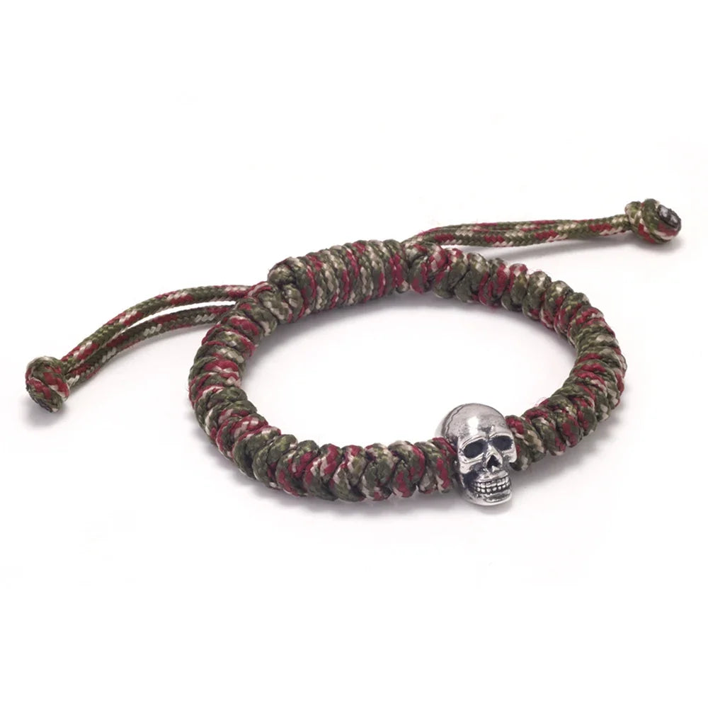 925 Sterling Silver Skull Bracelets Bangles Hand Braided Adjustable Rope Bracelet Skeleton Charm Bracelet Men Jewelry