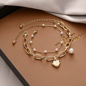 Wholesale Hot Selling Fashionable Retro Heart-shaped Pearl Bracelet Women's Charm 18k Gold-plated Waterproof Non Fading Jewelry