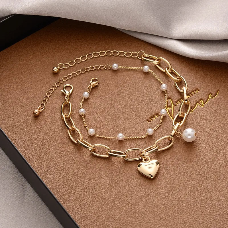 Wholesale Hot Selling Fashionable Retro Heart-shaped Pearl Bracelet Women's Charm 18k Gold-plated Waterproof Non Fading Jewelry