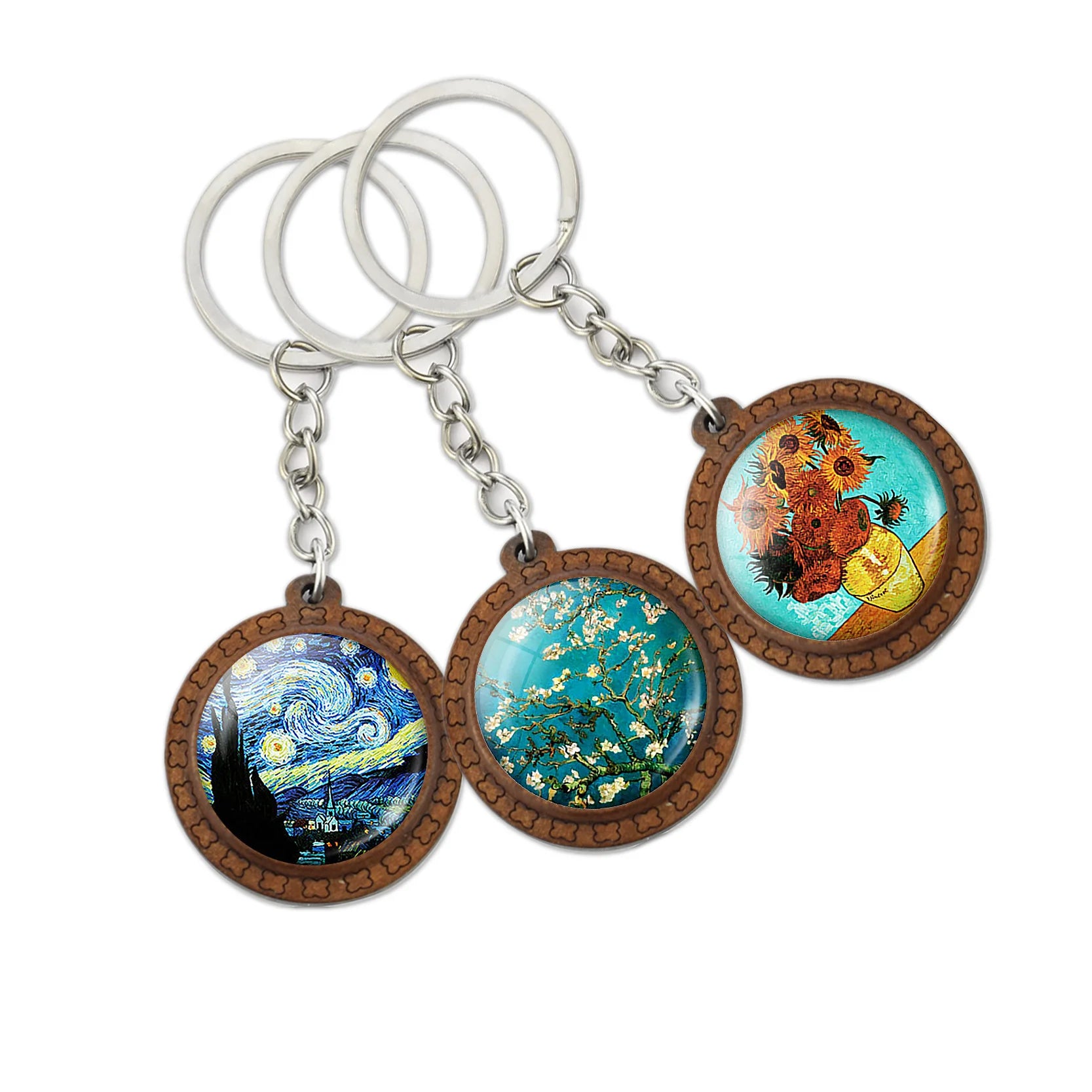 Natural Wooden Keychain Sunflowers Starry Night Glass Cabochon Pendant Keyring Vintage Van Gogh Art Key Chain