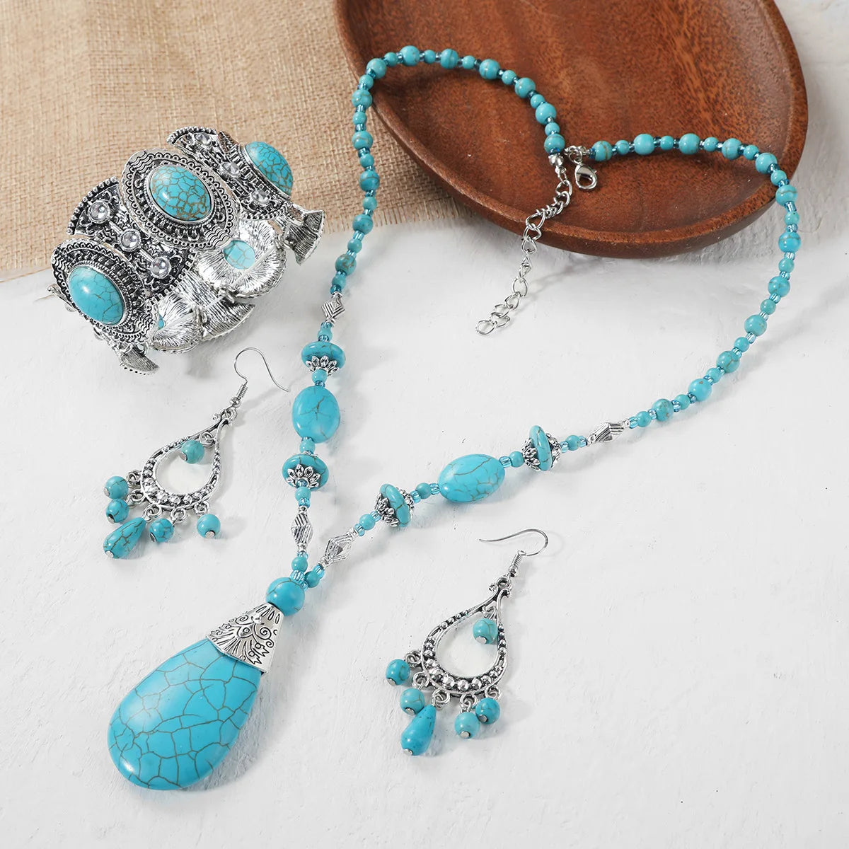Wholesale Vintage Antique Silver Plated Real Natural Turquoise Stone Earring Bracelet Necklace Jewelry Set for Women