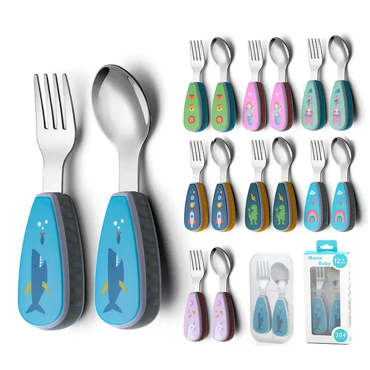 304 Stainless Steel Lovely Cute Cartoon Handle Customized Kids Flatware Spoon Fork Set