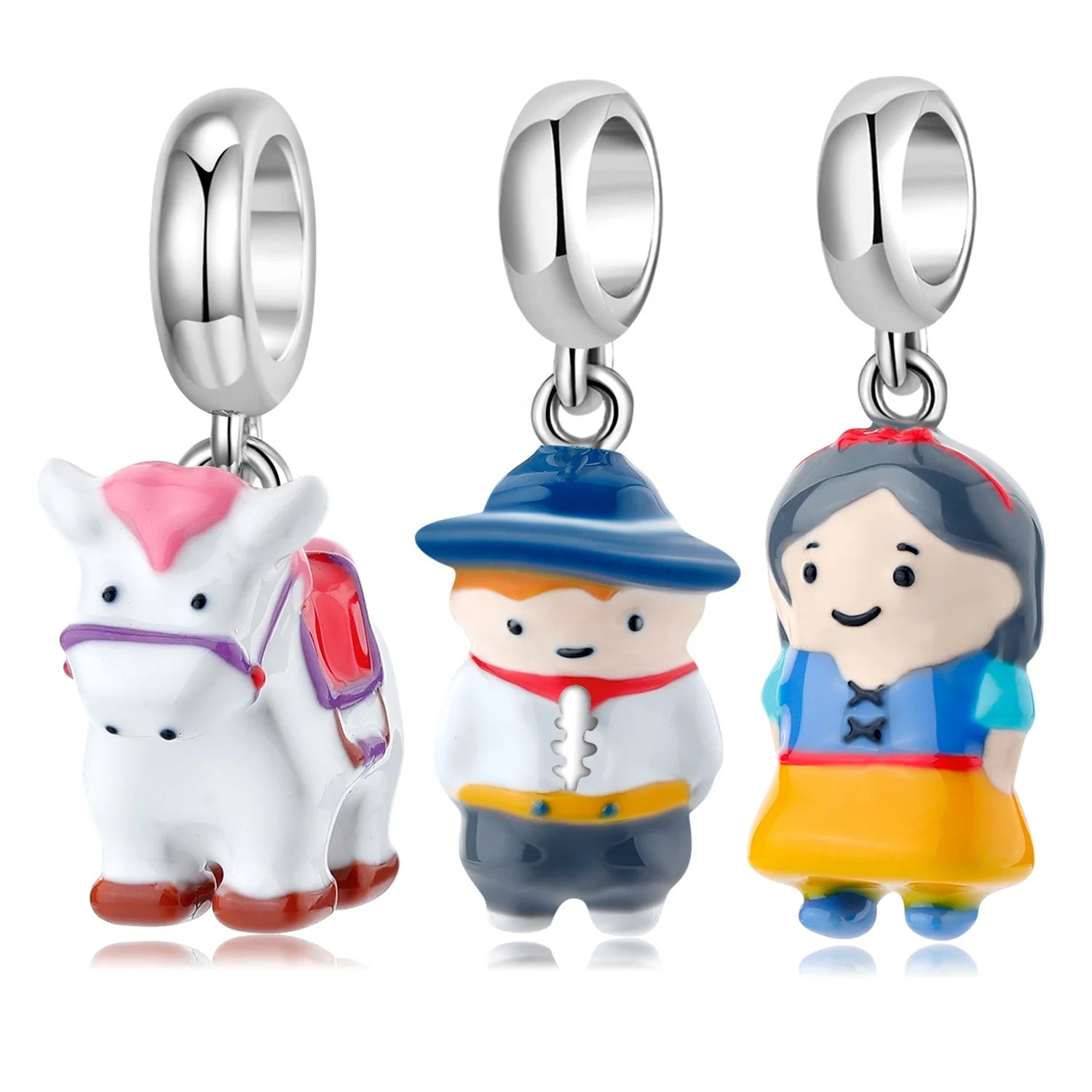 Fairy Tale Princess and Prince White Horse Pendant Authentic 925 Sterling Silver Enamel Beads for Women Jewelry Charm Bracelet