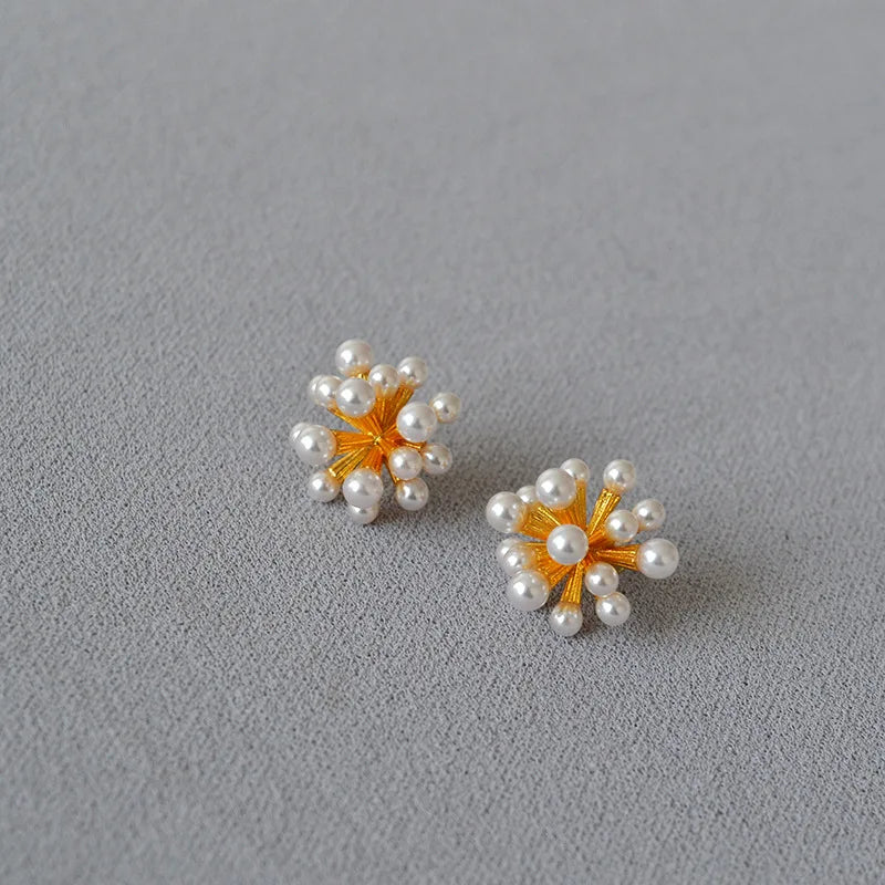 Fashion Brass 18K Gold Plated 925 Sterling Silver Needle Pearls Stud Earrings