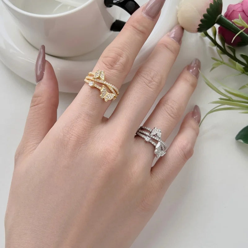 YFN Jewelry 925 Sterling Silver Gold Plated Round Zircon Inlaid Cross Hollow Design Butterfly Ring