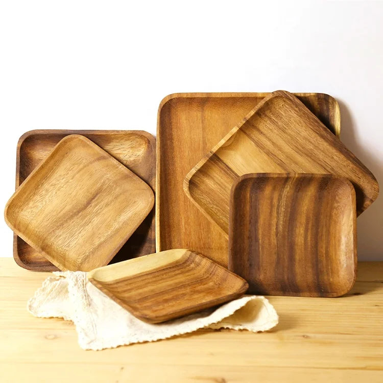 Eco-Friendly Log Pallets Rectangle Acacia Wooden Food Plate Coffee Serving Tray for Restaurant Food Contact Safe