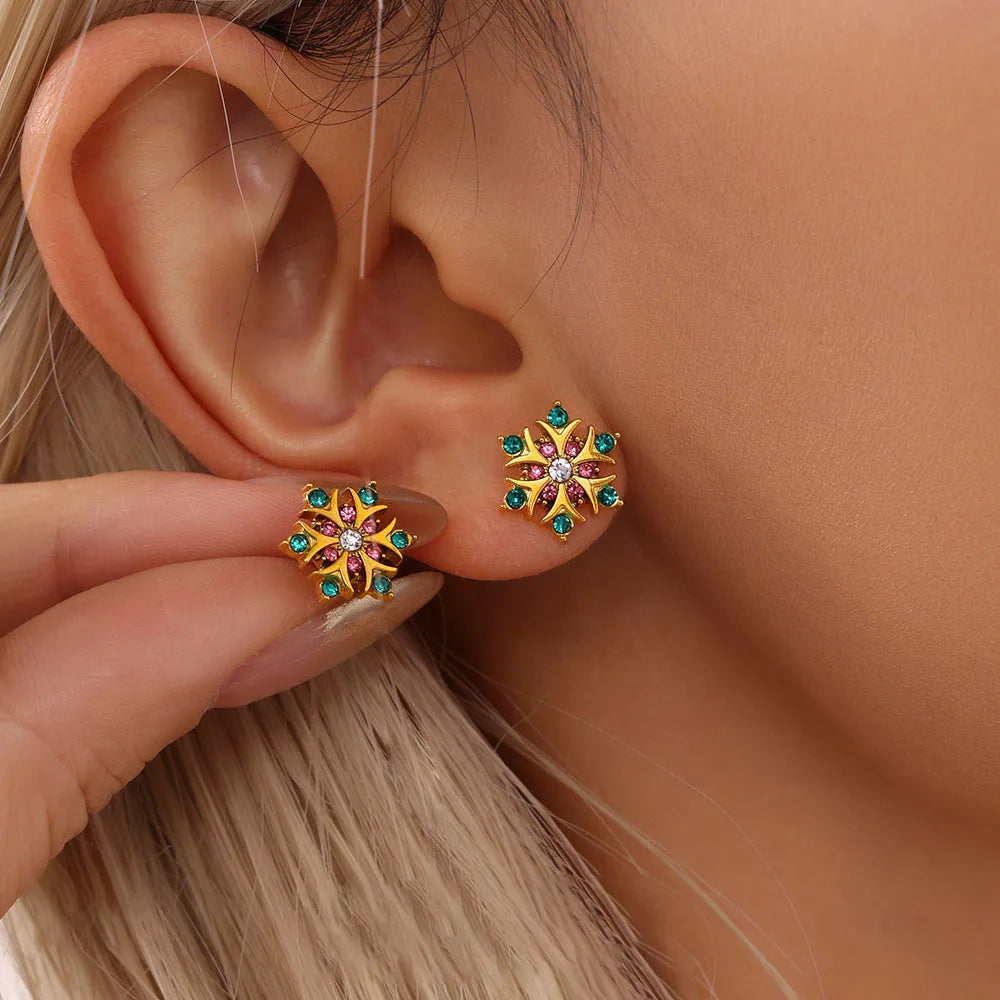 Hand-inlaid zircon snowflake earrings stainless steel plated with 18K real gold niche fashion commuter earrings